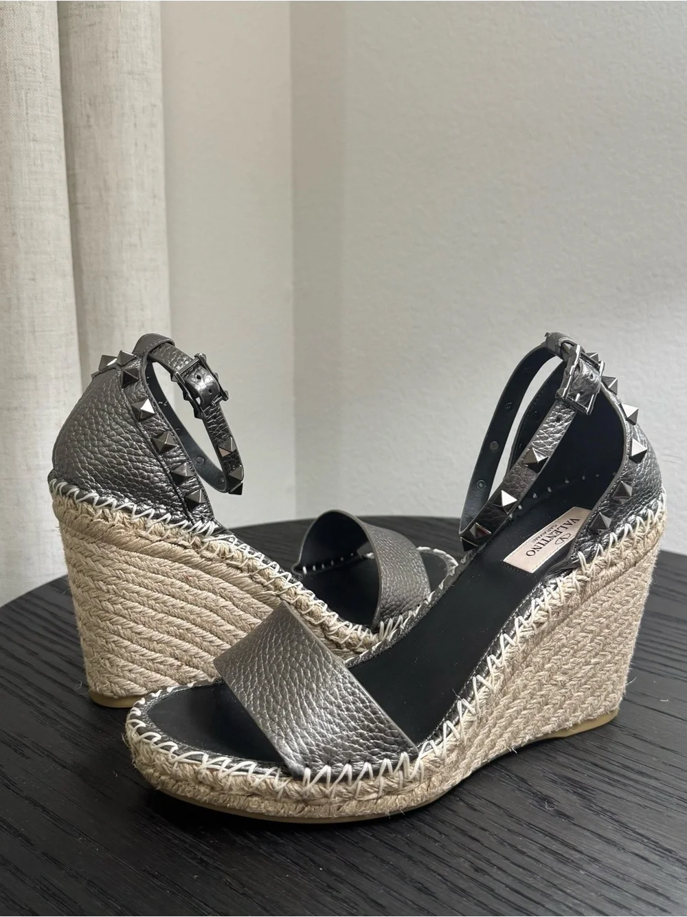 Valentino Garavani Rockstud Espadrille Wedge Sandals Silver Gray 39